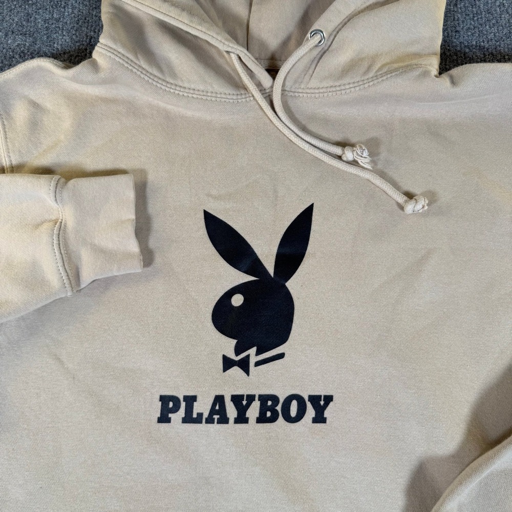 Playboy Mens Bunny Logo Hoodie Beige Pullover Sweatshirt Medium LS19001 #3959